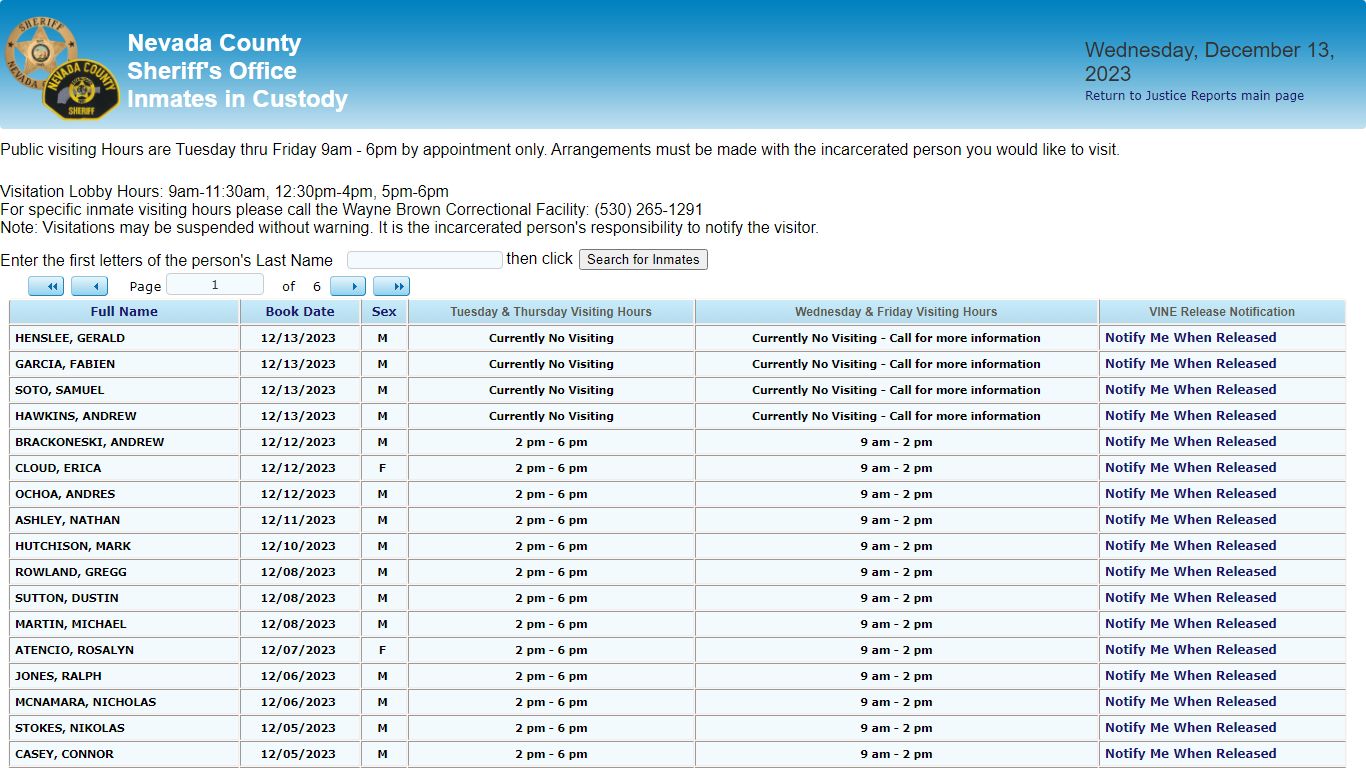 Inmates in Custody - County of Nevada Public Reporting